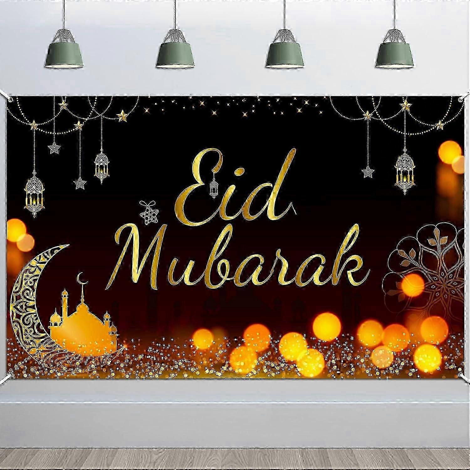 Eid Mubarak Banner for Eid Mubarak Decorations Black Gold Fabric Eid Mubarak Backdrop Eid Banner