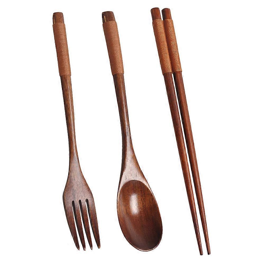 Practical Portable Wood Tableware Fork Spoon Chopsticks for Camping 2Sets