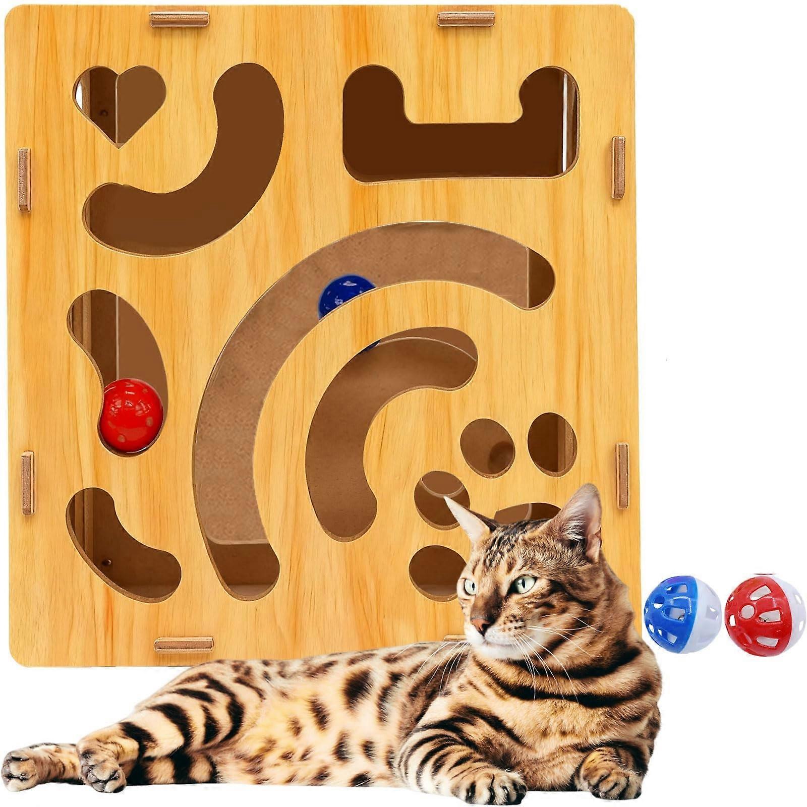 ​​Interactive Wooden Cat Puzzle Toy with Nail File & Ball - Indoor Hunting Maze Box for Energy Stimulation & Boredom Relief