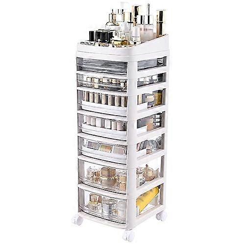 Clear Multi Layer Drawers Cosmetic Cabinet With Casters, Freestanding Tall Storage Cabinet 5 Layers White 28.2x34x58cm