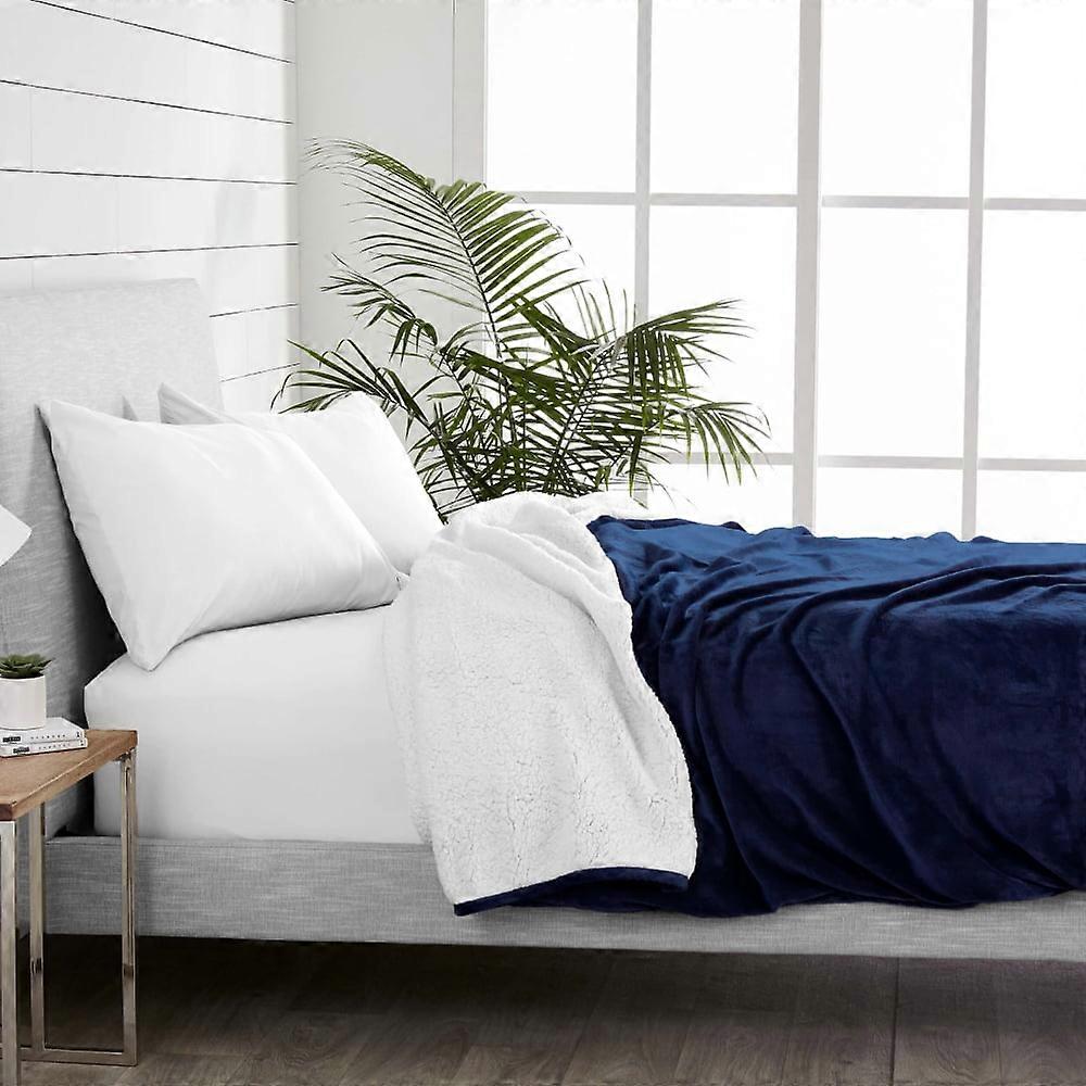 Bare Home Sherpa to Plush Throw Blanket, 50"x60" (Throw, Dark Blue)