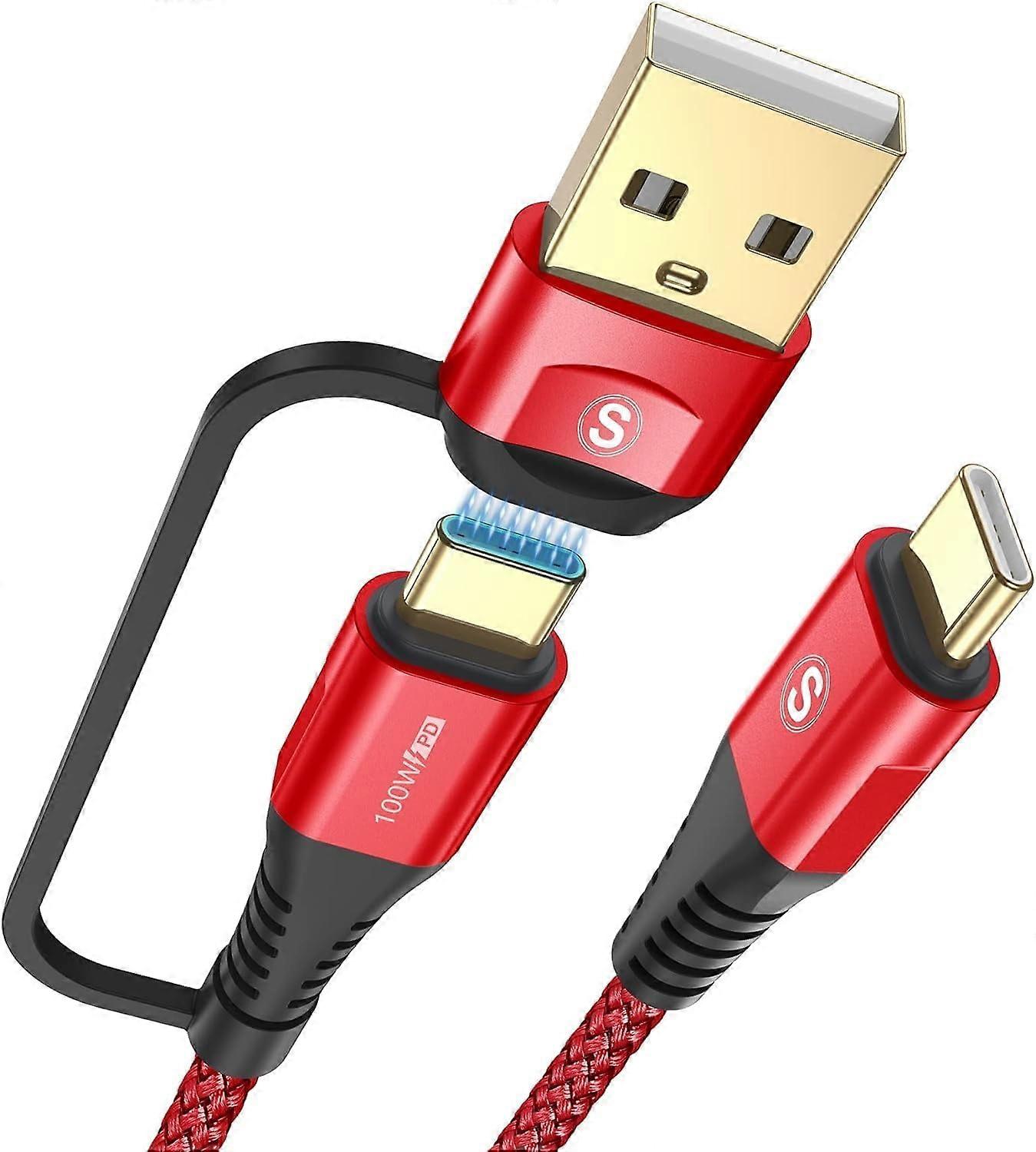 100W USB C to USB C Cable 10ft, 2-in-1 USB-A/C to USB-C Fast Charger Cord - Red