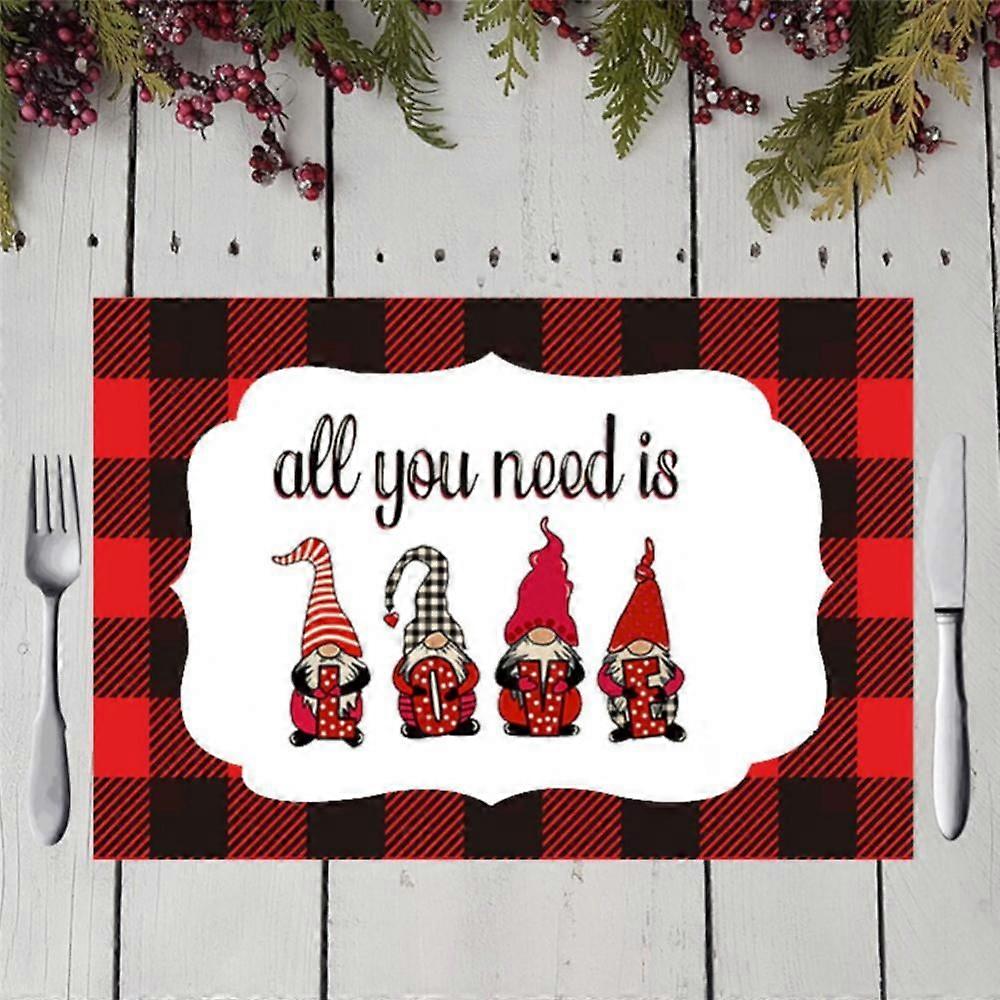 Valentines Day Placemats, Gnomes Love Tree Rustic Red Plaid, Waterproof & Wipeable, compatible with dining/kitchen table