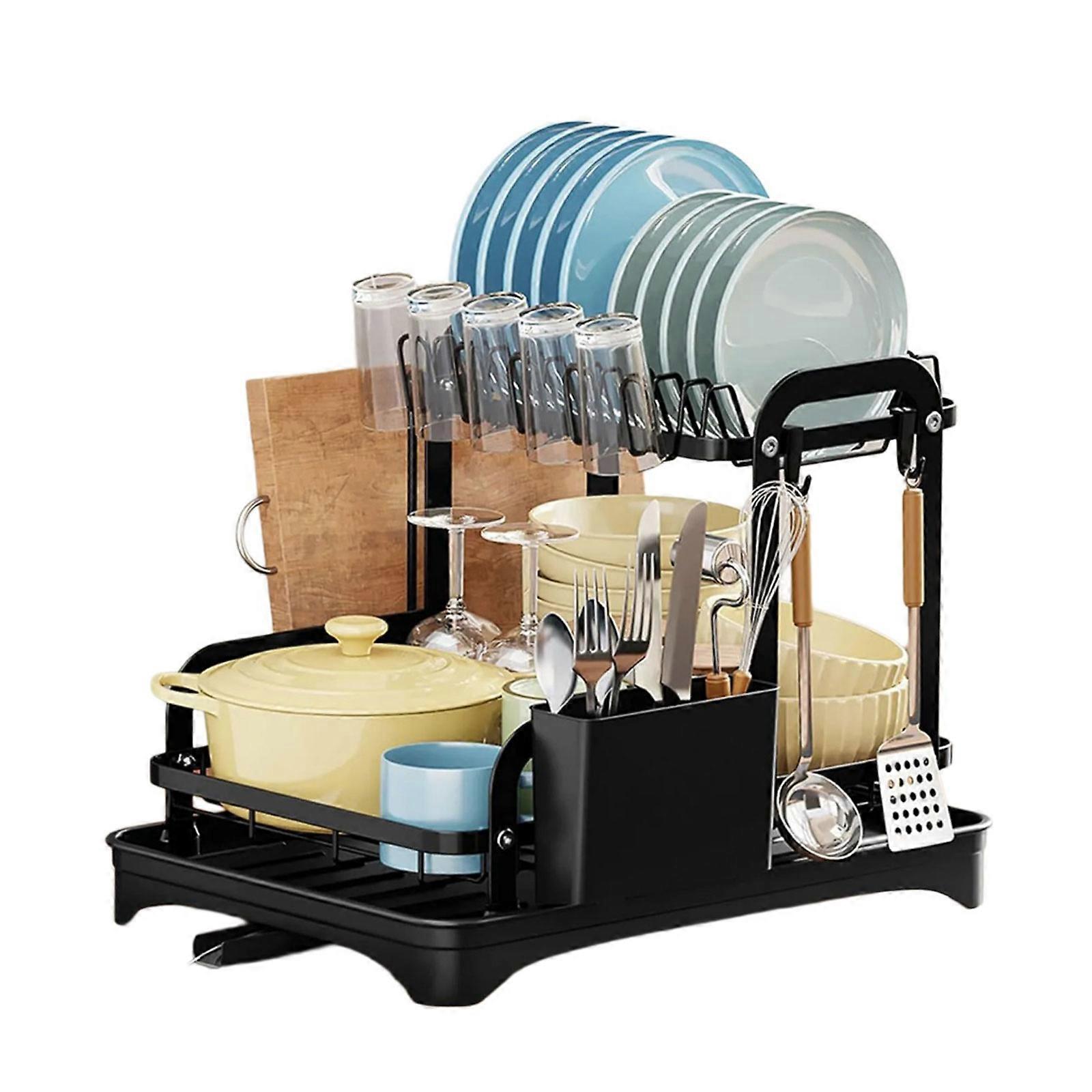 Space Saving Dish Drying Rack Double Layer Drip Tray Utensils Holder with Cup Holder Hook Kitchen Counter Organizer Multicolor