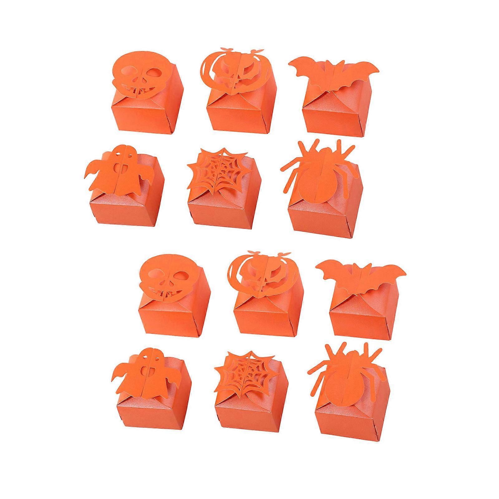 12 Count Tangerine Halloween Candy Boxes User friendly Paper Container With Eerie Pumpkin Designs  Orange