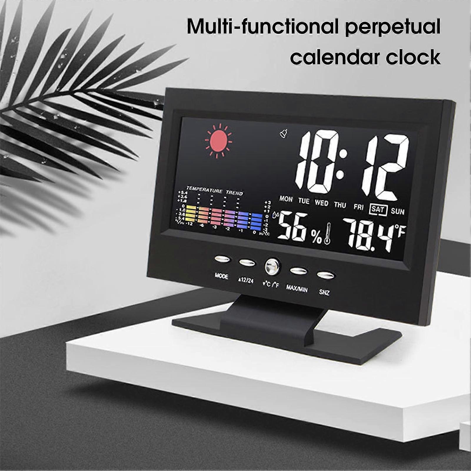 SUSUchens 8082T Digital Clock Weather Forecast Perpetual Calendar LED Color Screen Humidity Temperature Display Wake Up Clock for Home Black