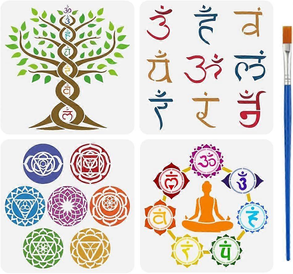 4 Styles Religious Themes Stencils with a Brush 11.8x11.8Inch Symbols Painting Stencil Pattern Template PET Tree of Life Om Symbols Template for Wood 
