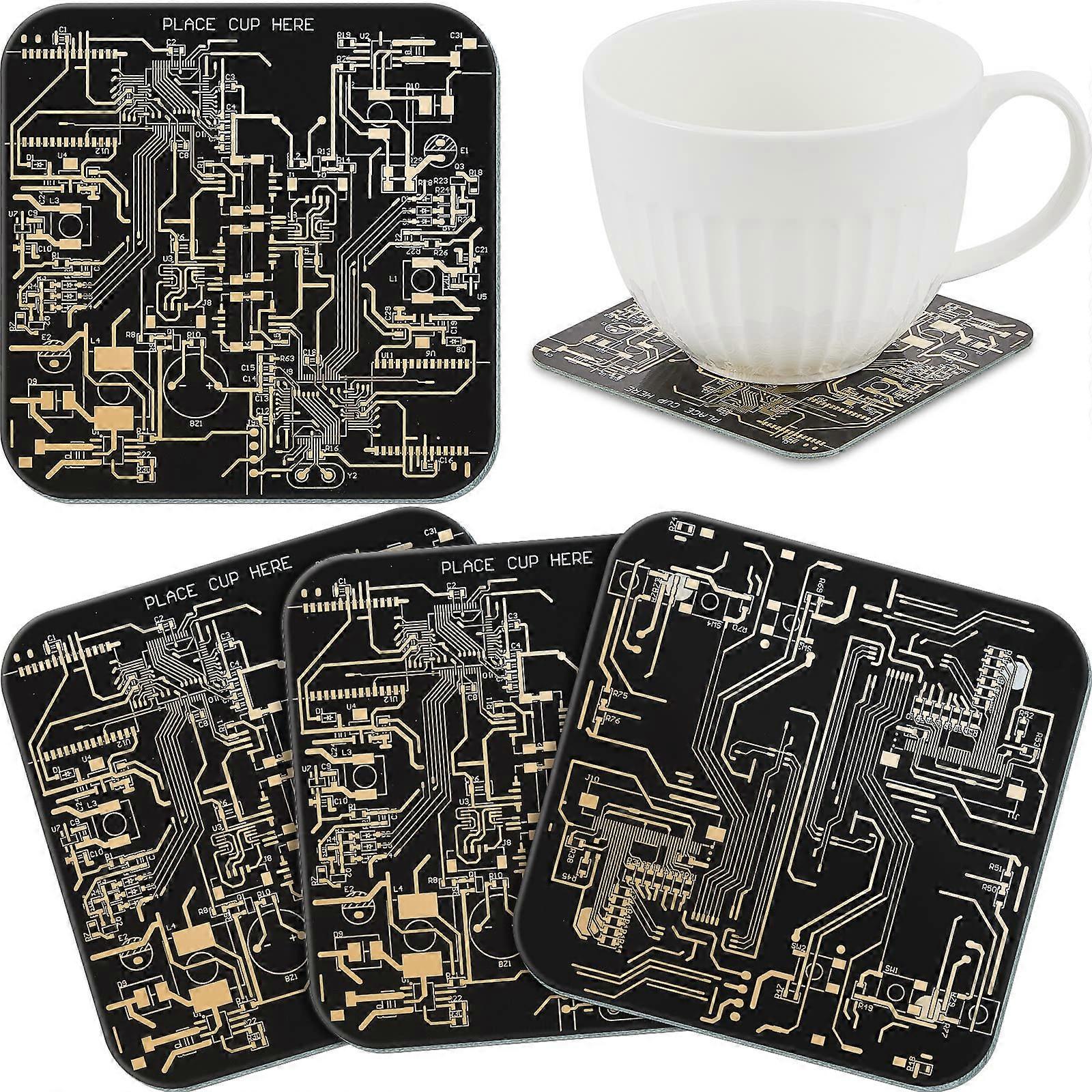 Circuit Board Drink Coasters Set of 4 PCB Design Immersion Gold for Engineer Office Bar Party Black Classic Style