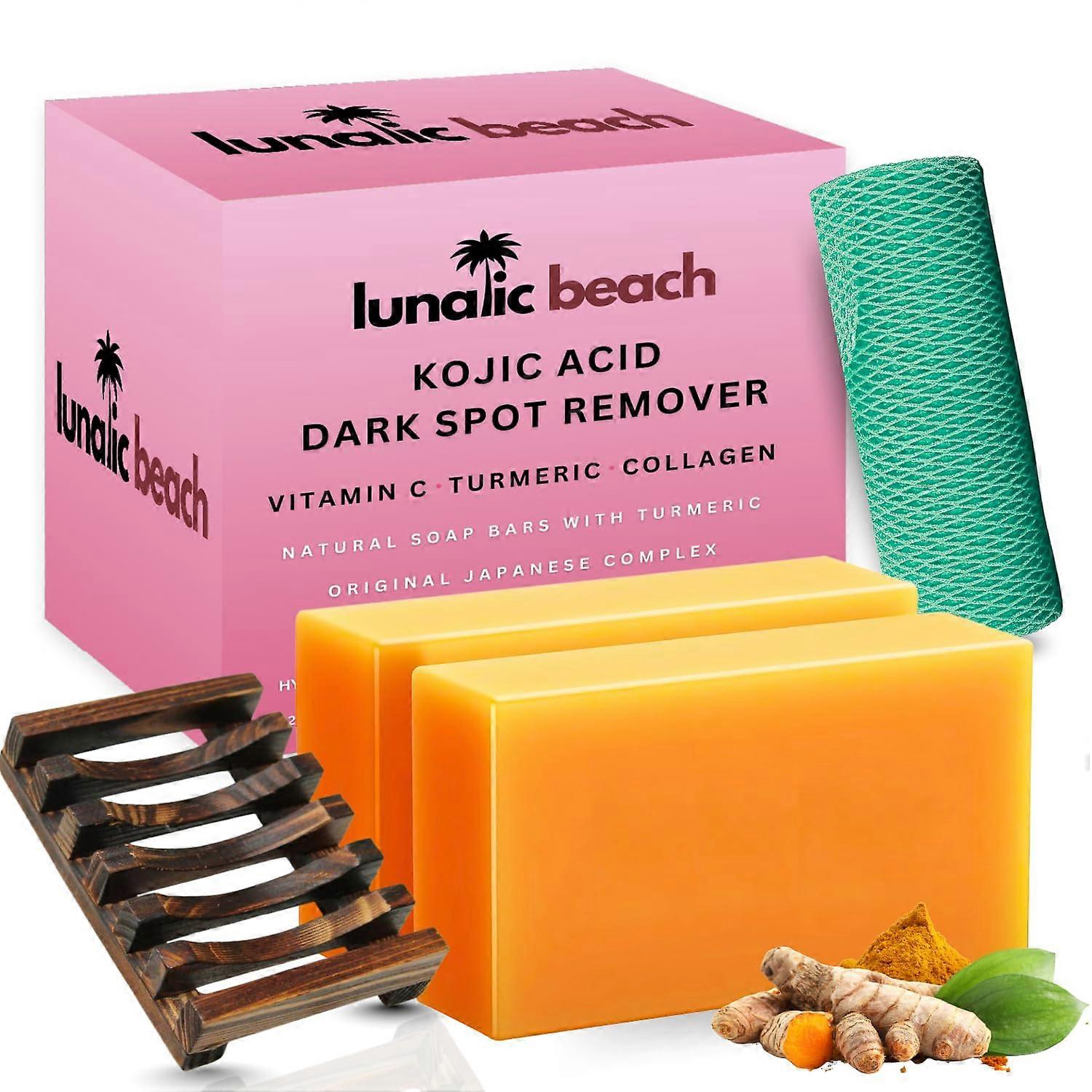 Acid Soap Set with African Net & Holder, Dark Spot Remover for Face & Body, 2 Bars with Collagen, Hyaluronic Acid, Turmeric, Vitamin C & E