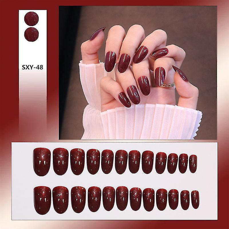 24 Pcs Adhesive Round/flat/pointed Tip Manicure Patch With Decor False Nails