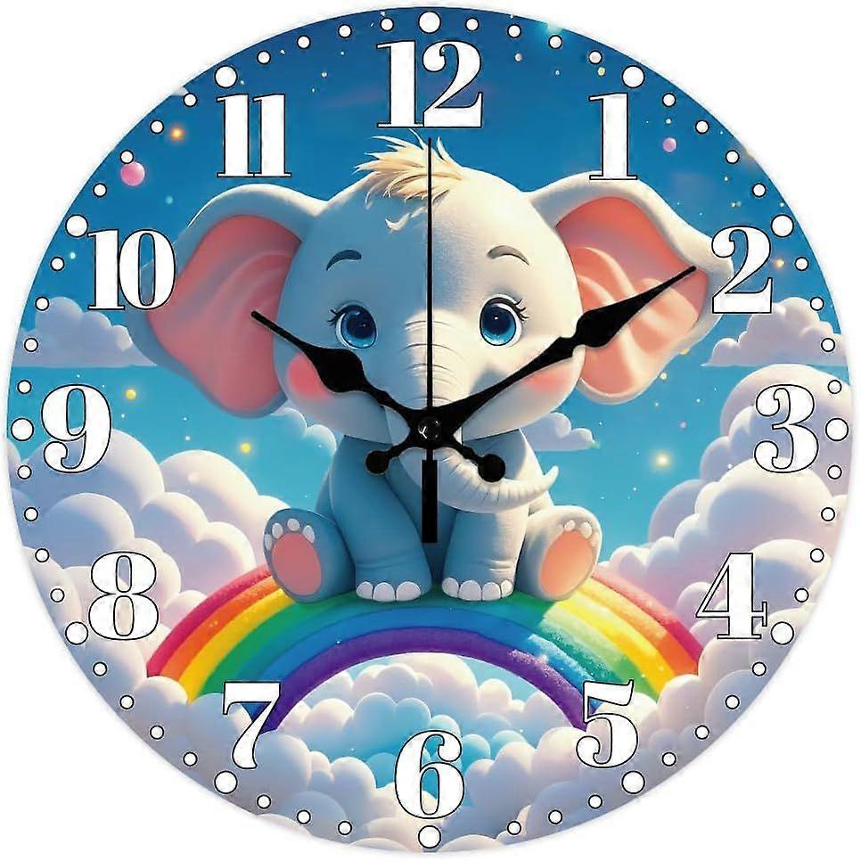 Cartoon Elephant Pattern Wall Clock 12 Inch Non-Ticking Rainbow and Clouds Pattern Clocks Round Wall Hanging Clock Battery Operated for Bedroom Living