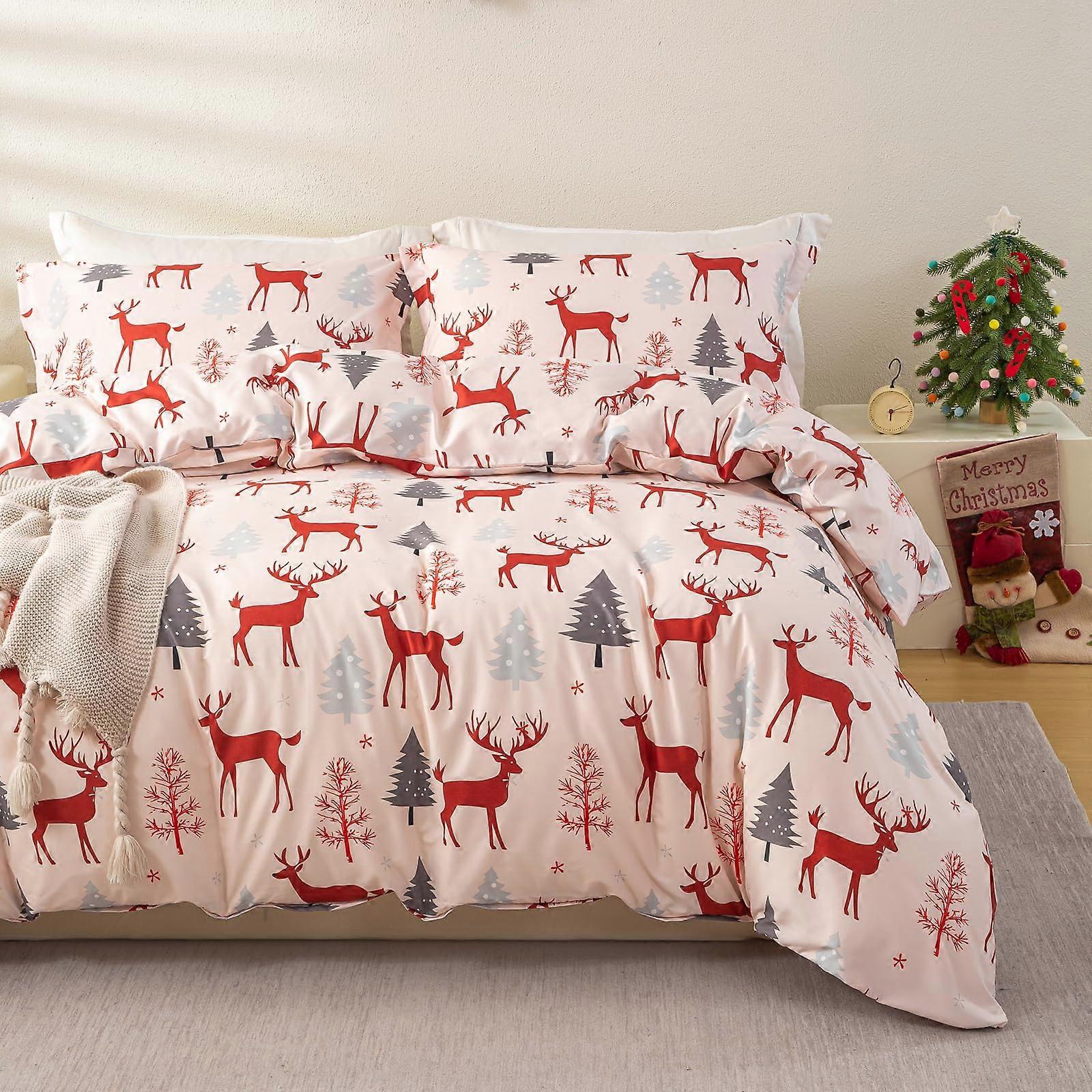 Christmas Bedding Set Queen Size with Festive Reindeer Design and 2 Pillowcases, 3 Piece