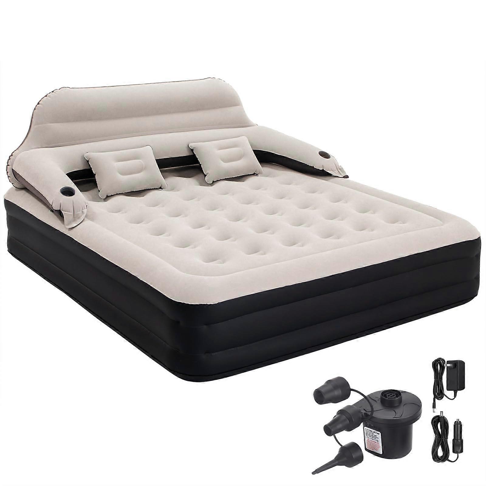 King Size Air Mattress with Headboard and Builtin Pump for Guests with Comfort Pillows