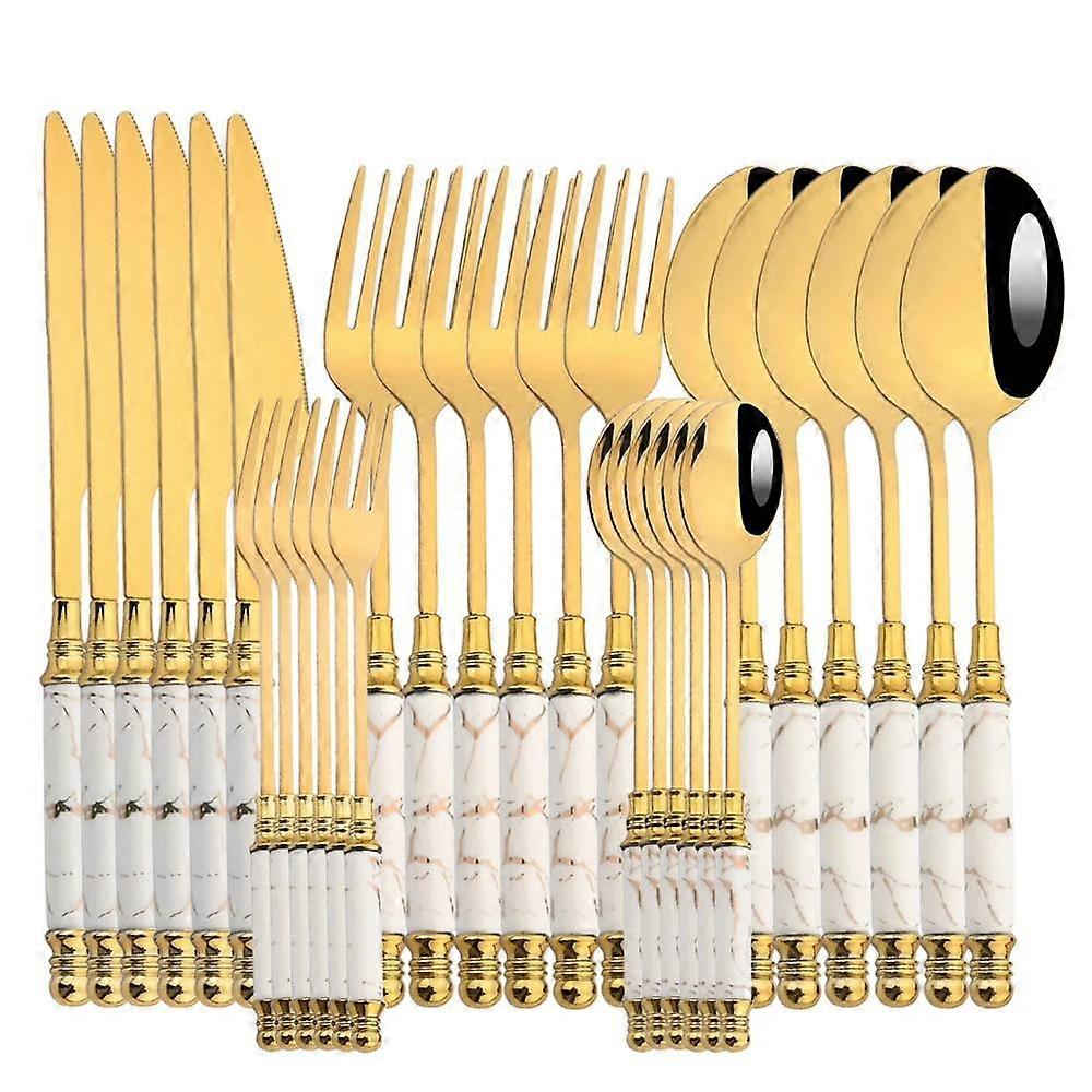 30Pcs Tableware Set Mirror Ceramic HandleGold Flatware Fork Spoon Knife Set Stainless Steel Dinnerware Cutlery Set Dinner Set