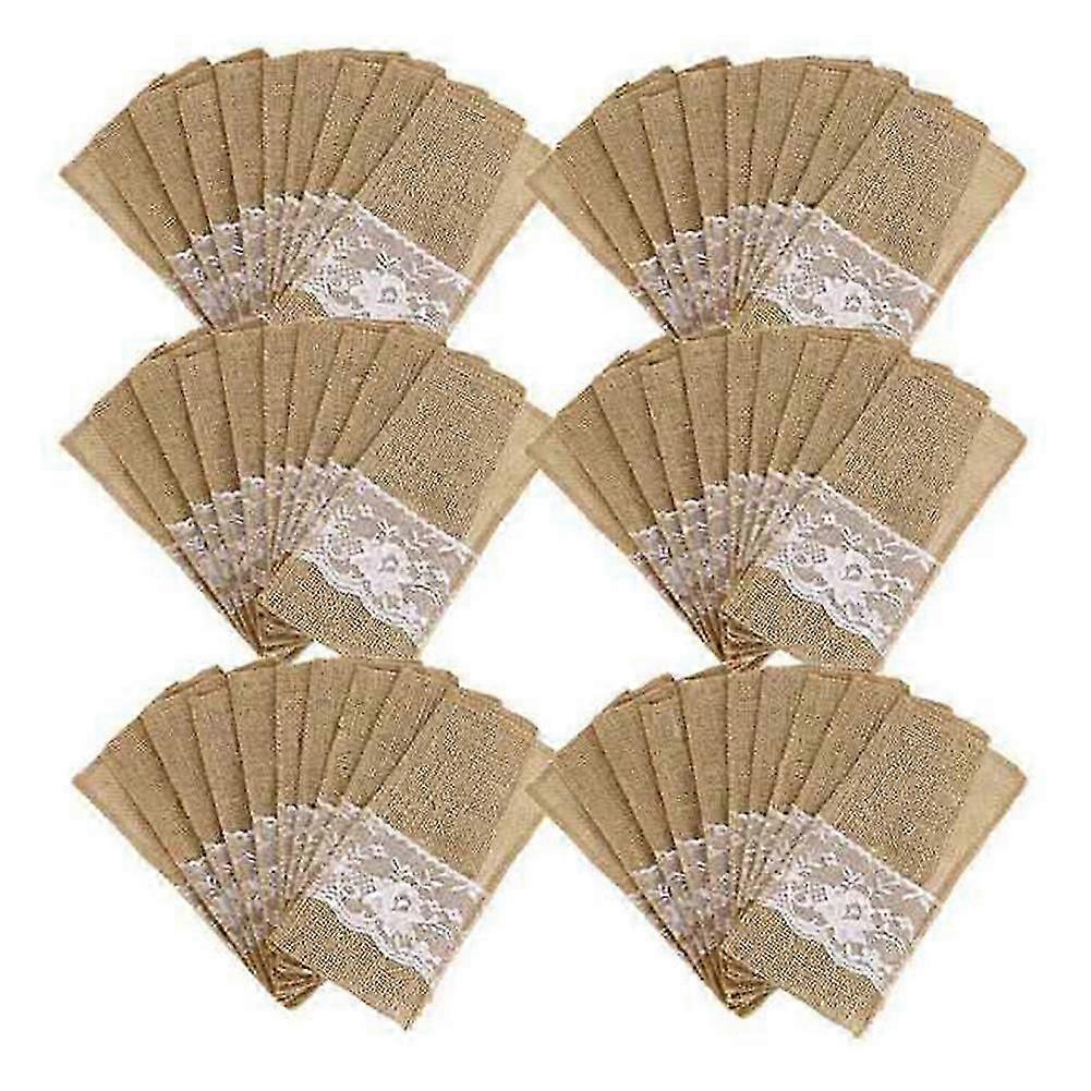 100PCS Burlap Lace Cutlery Pouch for Rustic Wedding Tableware Holder-JJ