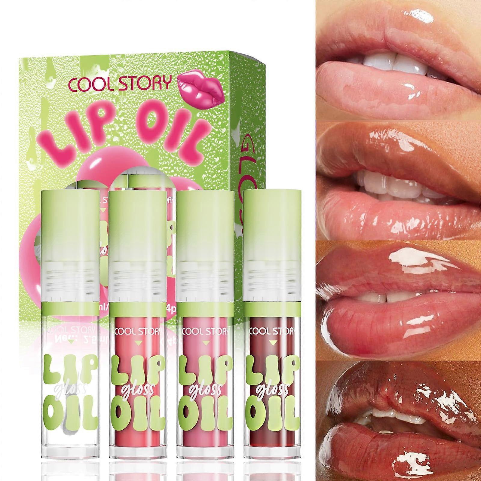 Lip Oil Gloss Set with Plumping Effect, Deep Hydration, NonSticky Shine, 4 Pack