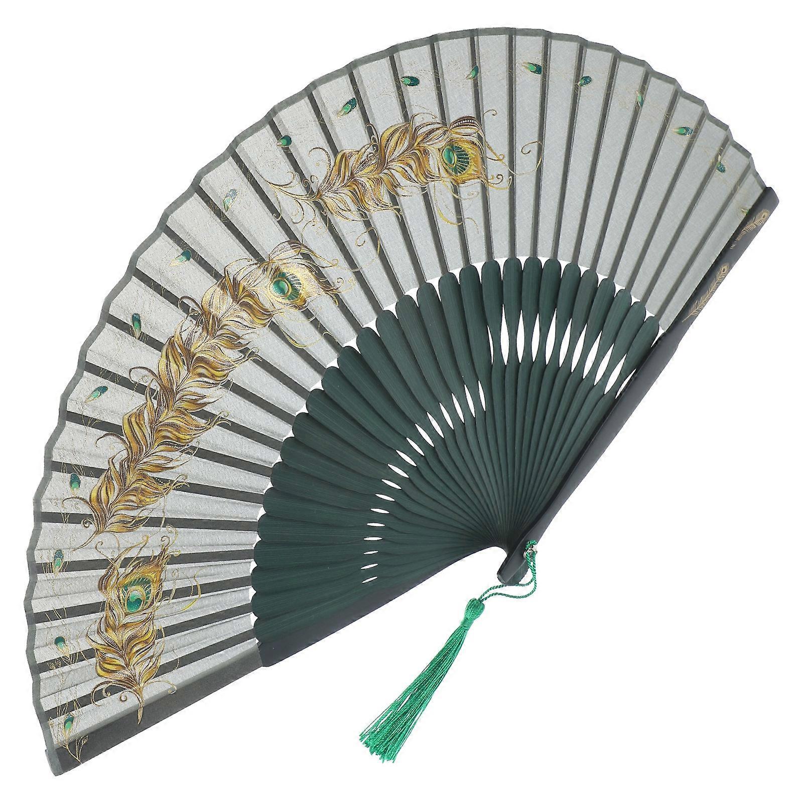 Peacock Plume Pattern Folding Fan for Dance with Fabric and
