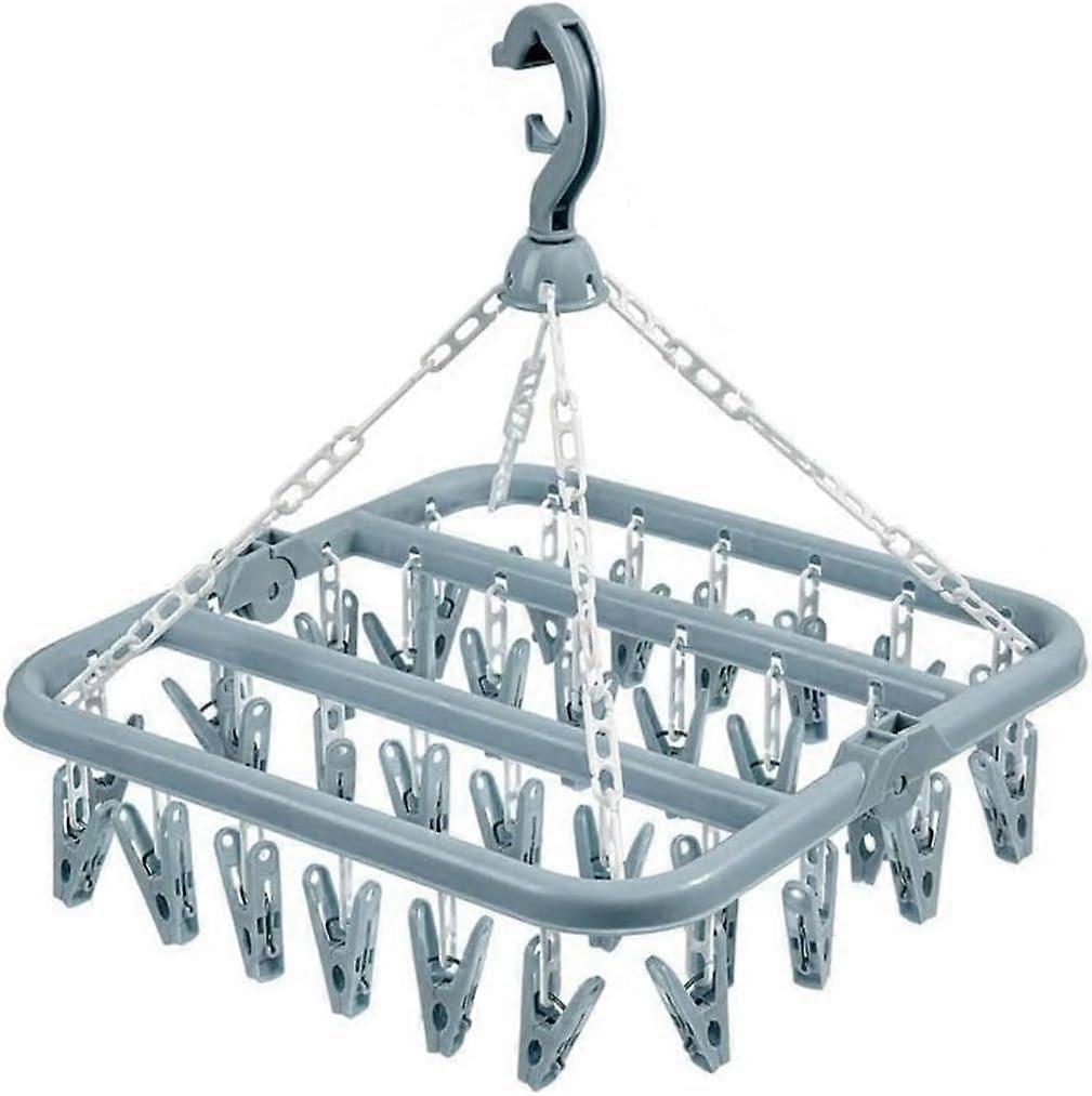 Foldable Clothes Drying Rack with 32 Clips, Rotary Sock Hanger for Laundry, Blue