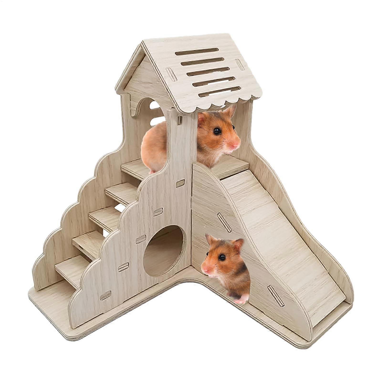 Wooden Hamster House with Slide  MultiLevel Hideout for Small Animals, Safe Rounded Edges