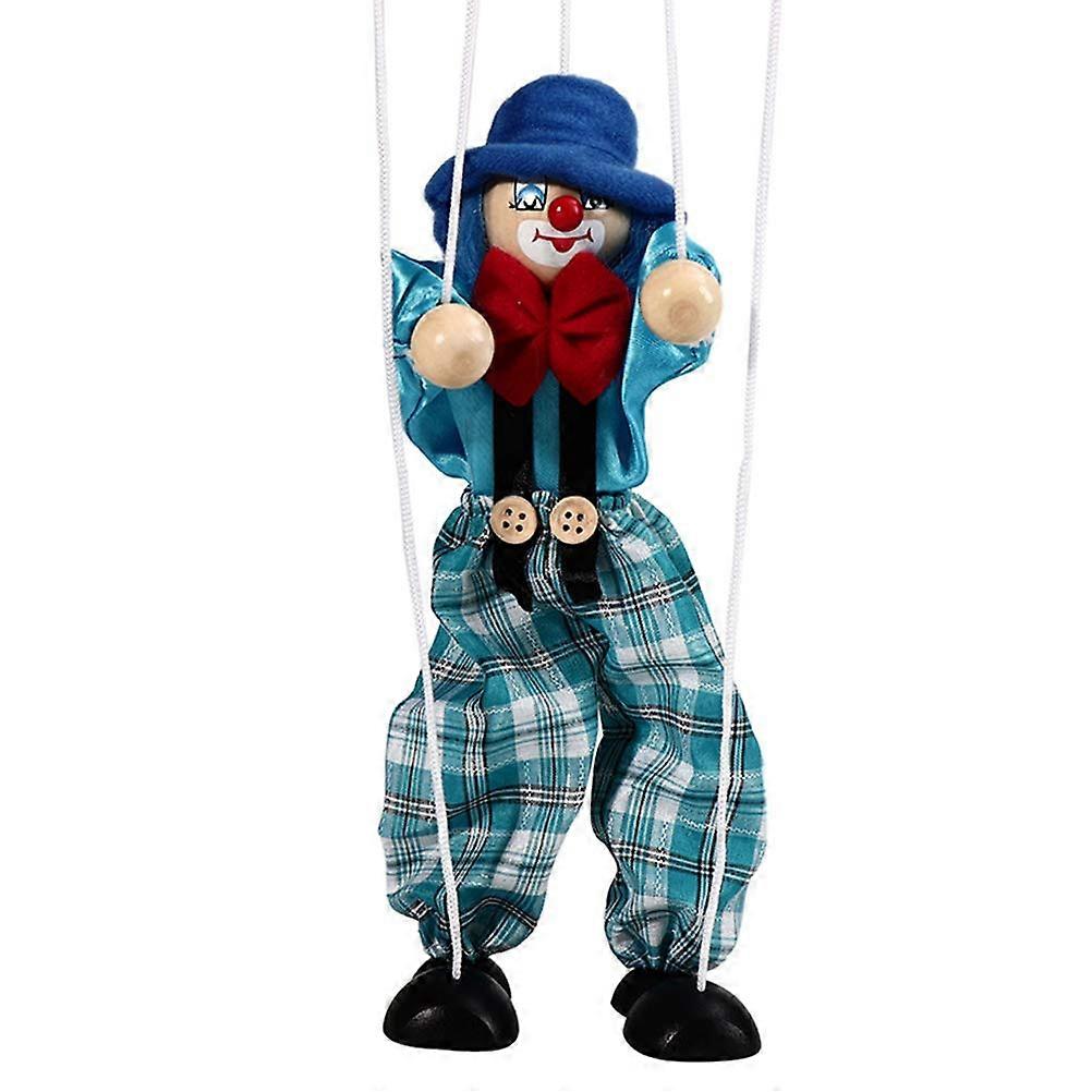 Blue Wooden Clown Puppet Toy with Interactive Pullstring Motion, Vintage Hanging Design, Durable Build