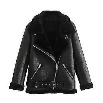 Women's Faux Shearing Moto Jacket Thick Lined Parka Winter Shearling Coat Leather Jacket