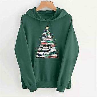 Moletom feminino com capuz, estampa natalina, manga longa, pulôver aconchegante de fleece, modelagem solta, estilo casual streetwear.