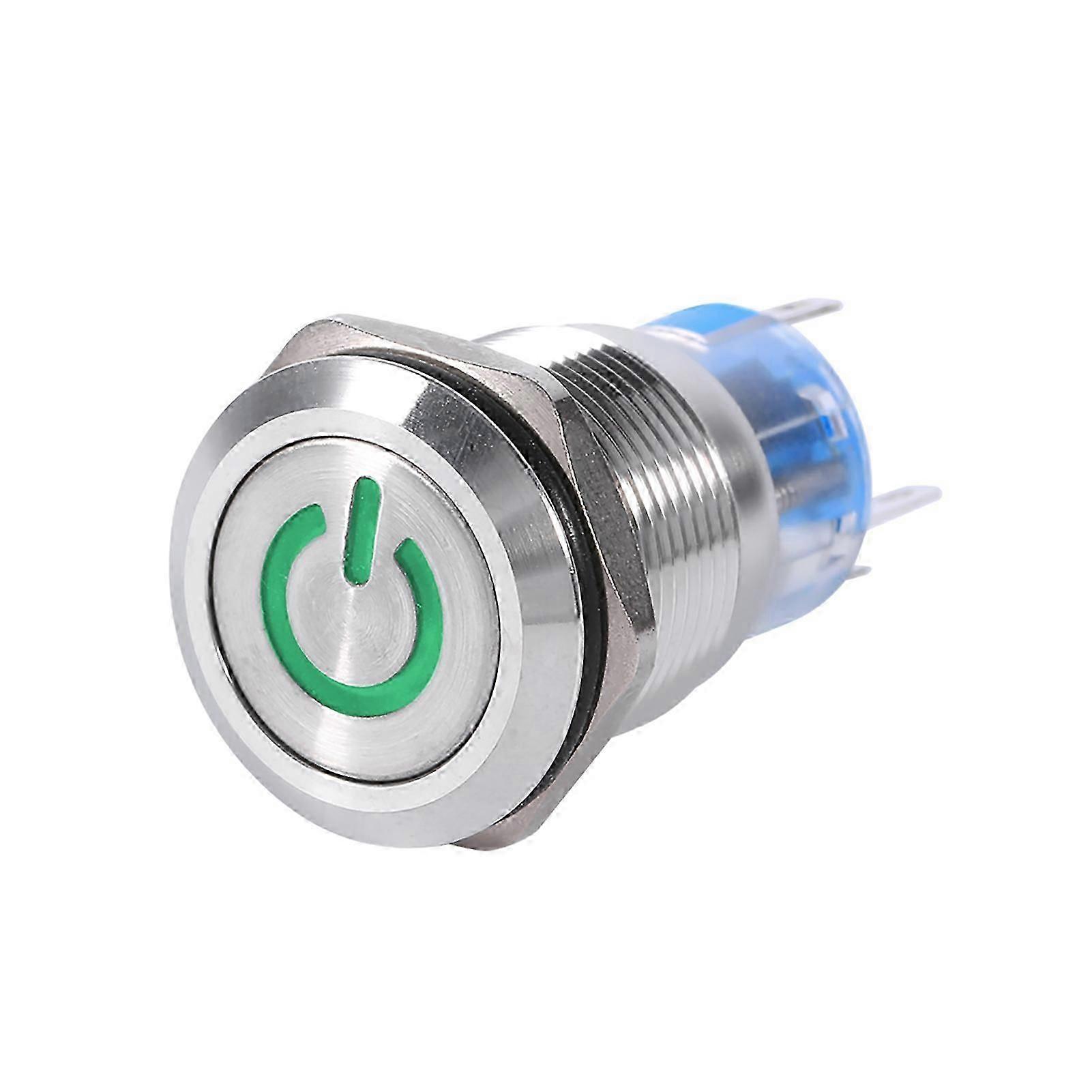 19mm 12V-24V Waterproof StainlSelflocking Latching Push Button Power Switch Green LED