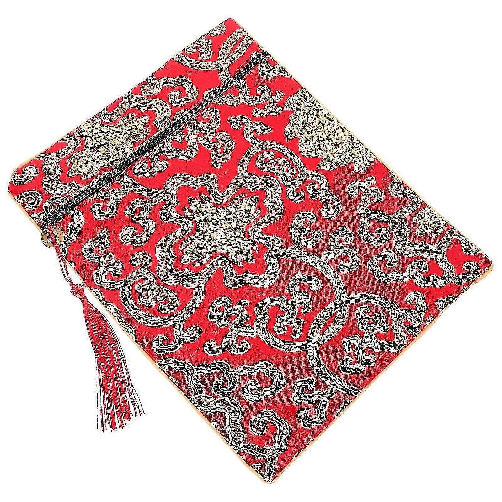 Silk Cloth Scripture Storage Pouch, Red, Spacious, Portable with Handle