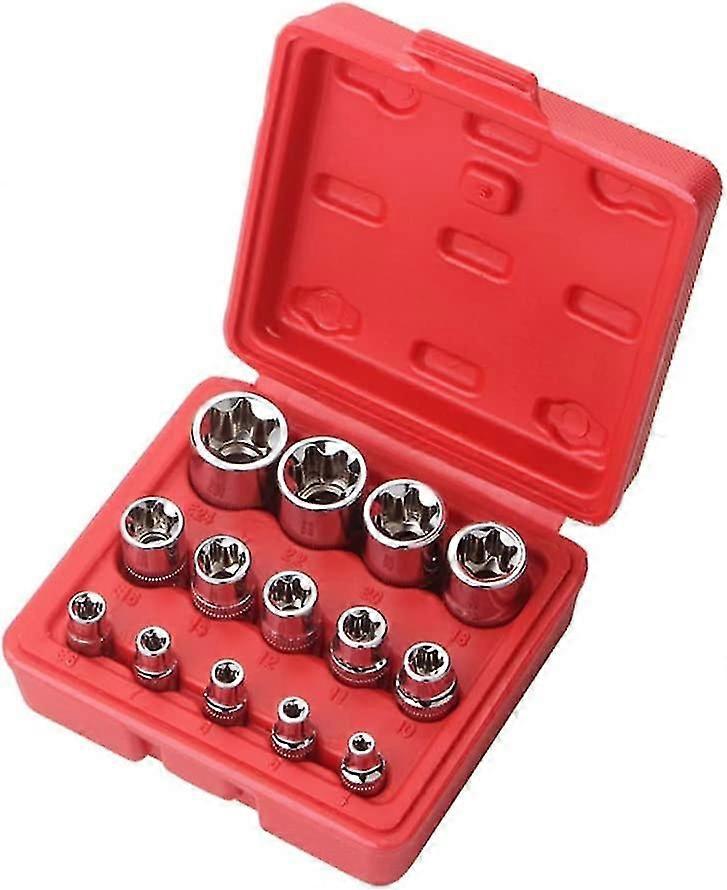 Female E-torx Star Socket Set With Case, 1/4, 3/8, 1/2 In. Drive External Star Socket Set E4-e24 Torque Socket Set(red)(14pcs)