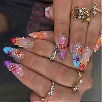 Daily Wear Press On Manicure Almond Shape with Colorful 3D Floral Art, Resin Acrylic False Nail Set for Home Styling and Party Occasion Wear