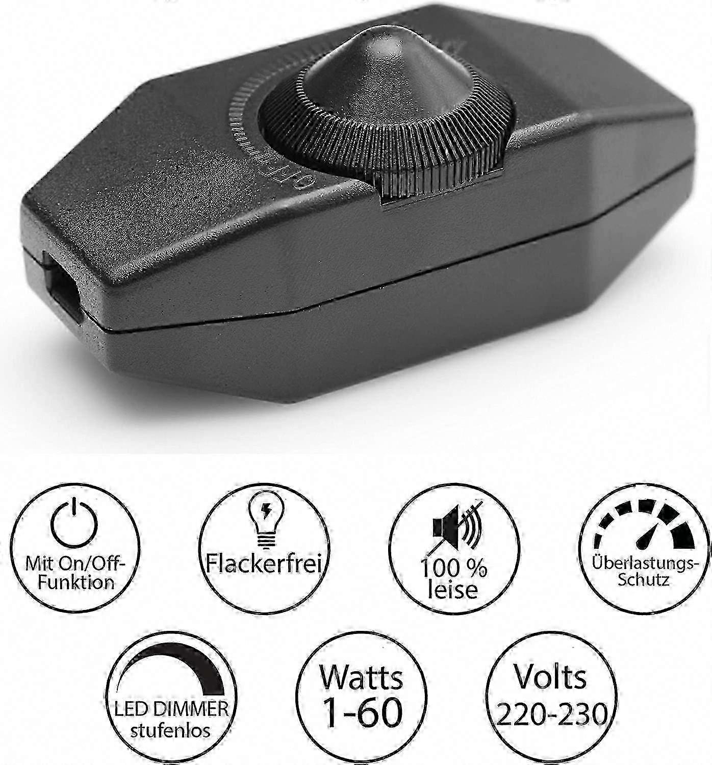 Rotary Light Dimmer Switch with Push Button compatible with Dimmable LED, White 220-230V Cable