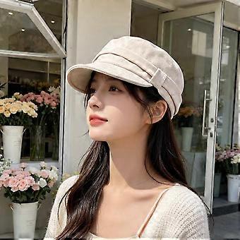 Suede pleated retro flat top hat women's spring and autumn plain face small versatile equestrian hat temperament beret painter hat