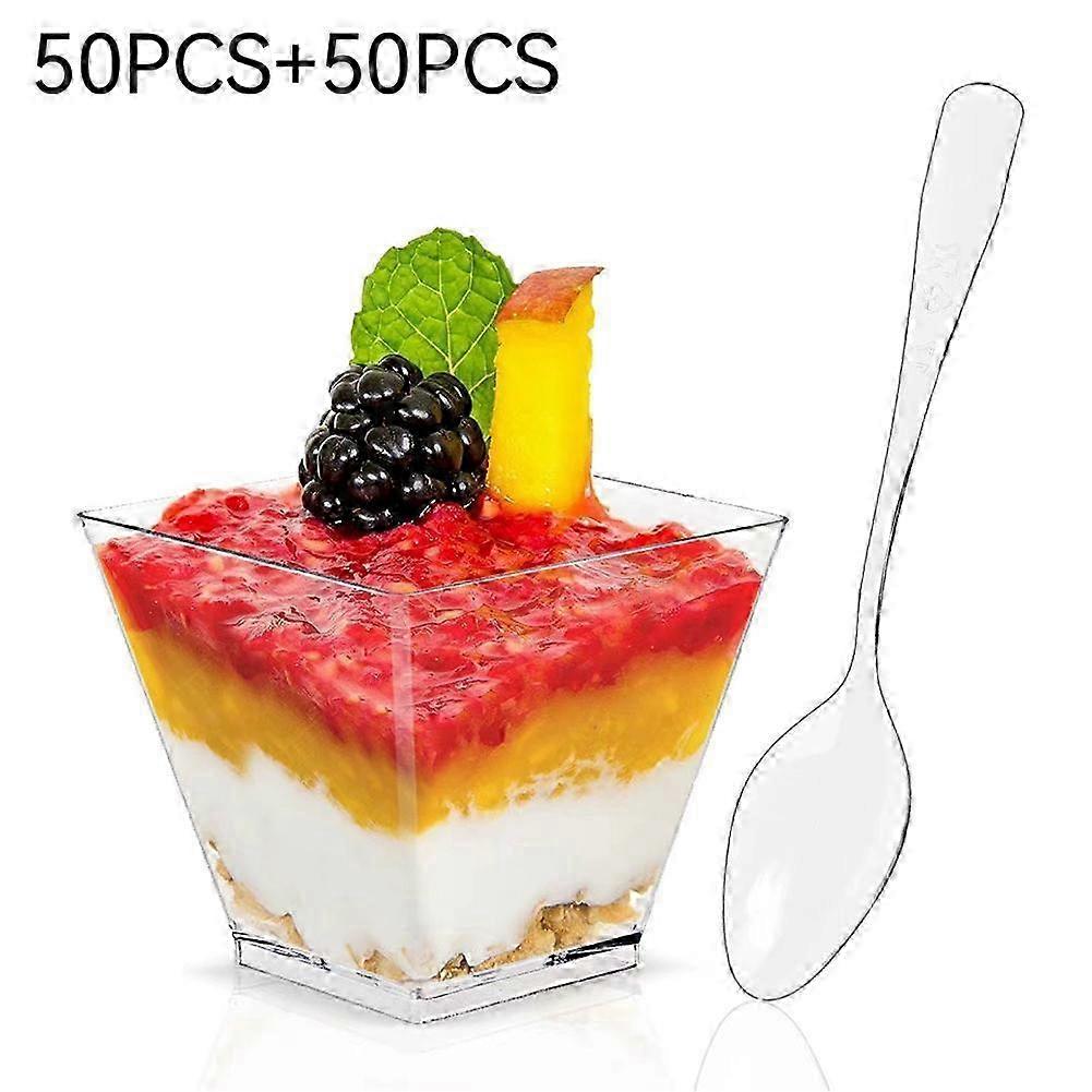 50pcs Clear PP Dessert Cups Spoon Set
