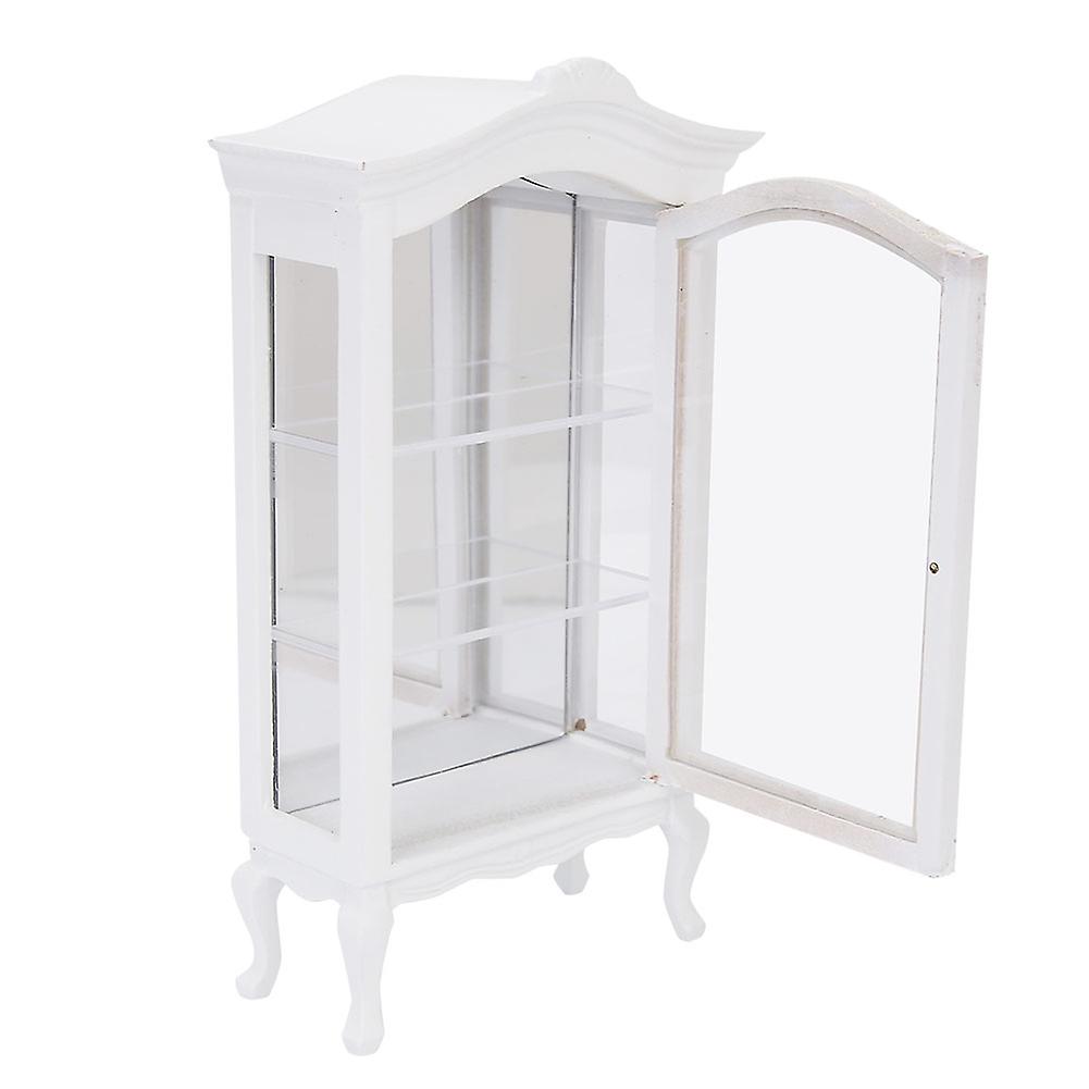 1:12 Mini White Wooden Dollhouse Display Cabinet with Three Layers and Transparent Window for Doll Collection