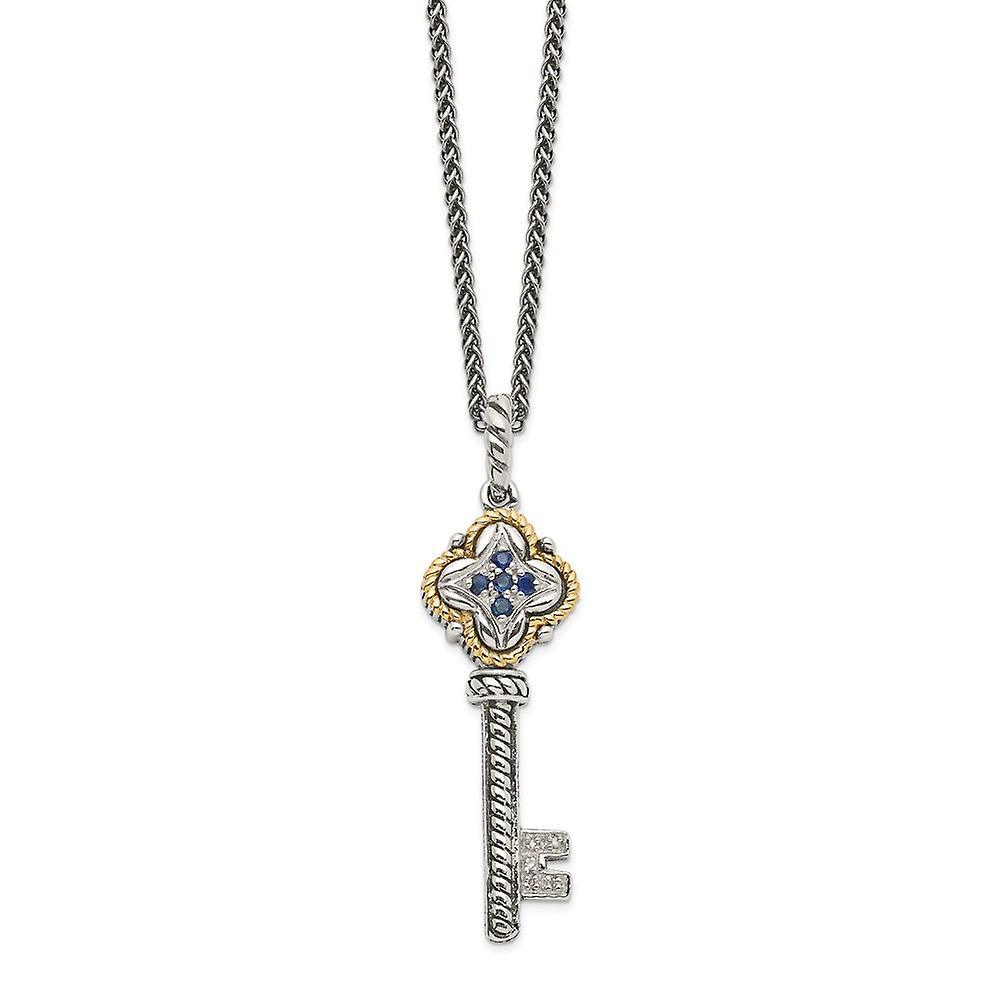 925 Sterling Silver Polished Prong set Artisan Oxidized Lobster Claw Closure With 14k .27ct Sapphire and .03ct Diamond K