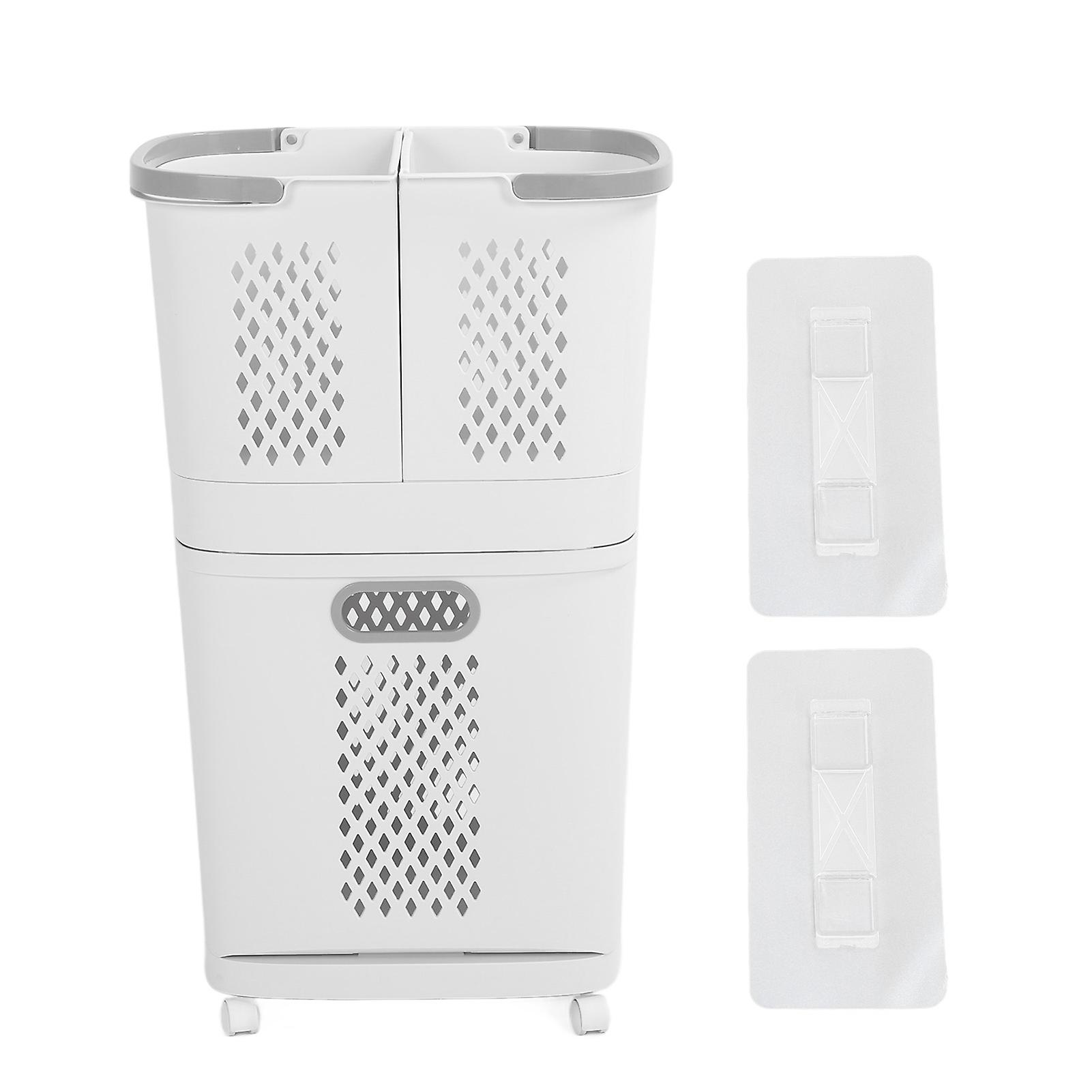 Plastic Laundry Hamper Household Dirty Clothes Storage Basket with Wheels 3 Independent Storage Bins