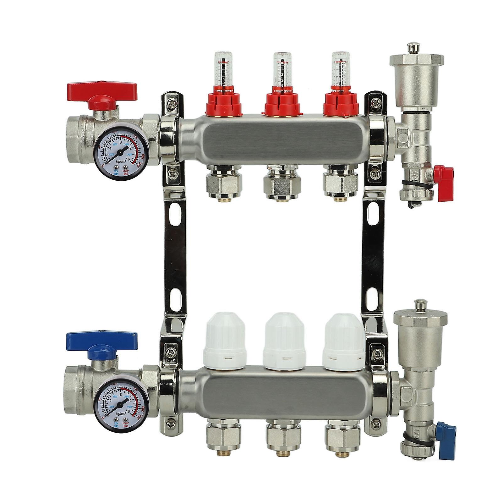 3 Loop Radiant Heat Manifold with High Accuracy Flowmeter Pressure Gauge G1in Floor Heat Manifold Kit