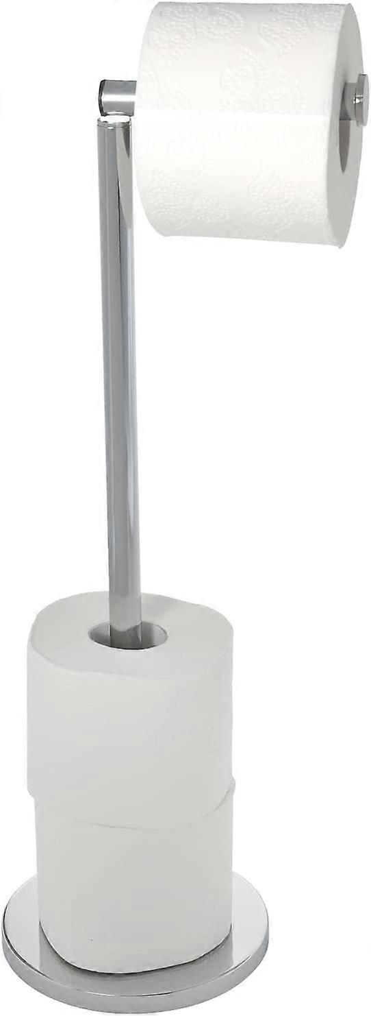 Standing toilet paper holder with integrated toilet paper spare roll holder, made of stainless steel, shiny