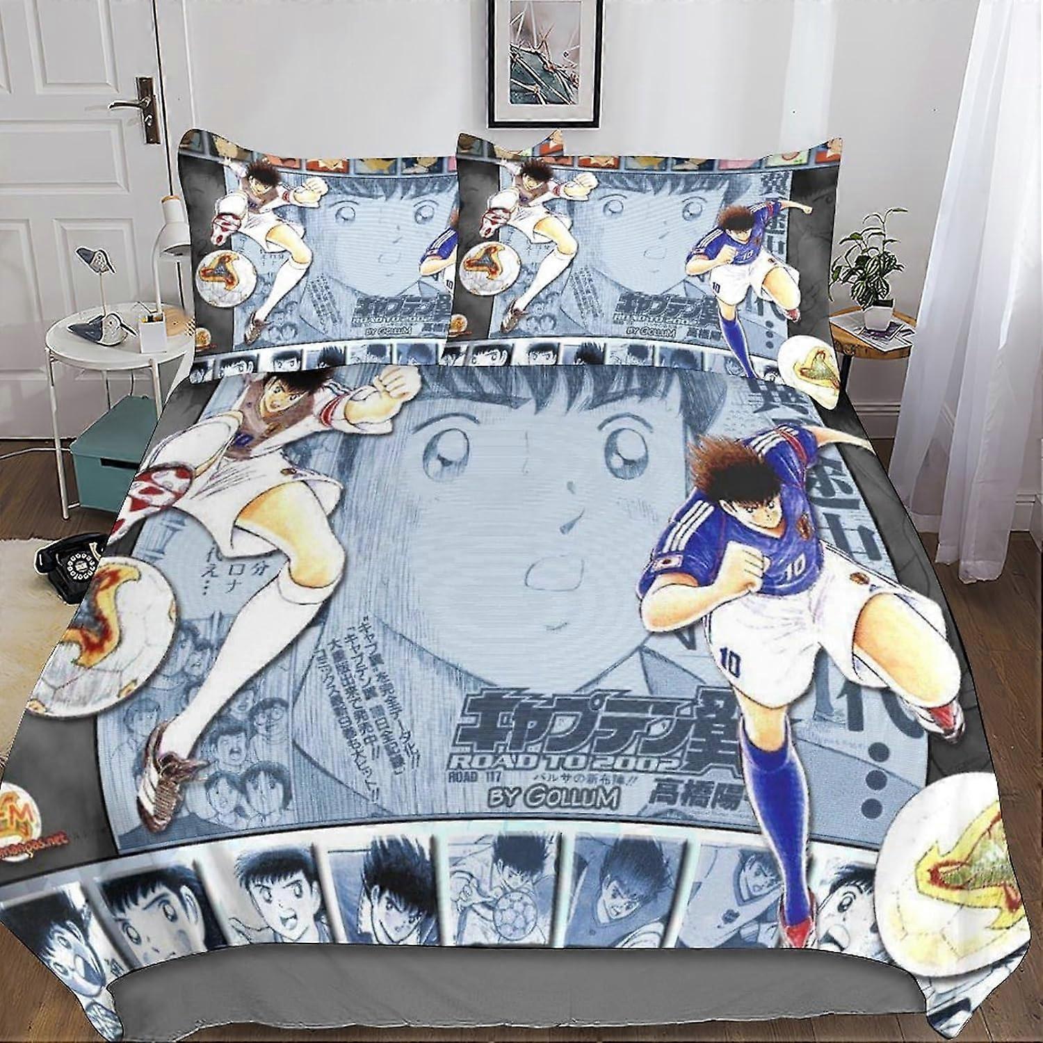 Captain Tsubasa 3 Piece Bedding Set with 3D Anime Duvet Cover - Microfiber Bedding Set with Double Zipper Closure