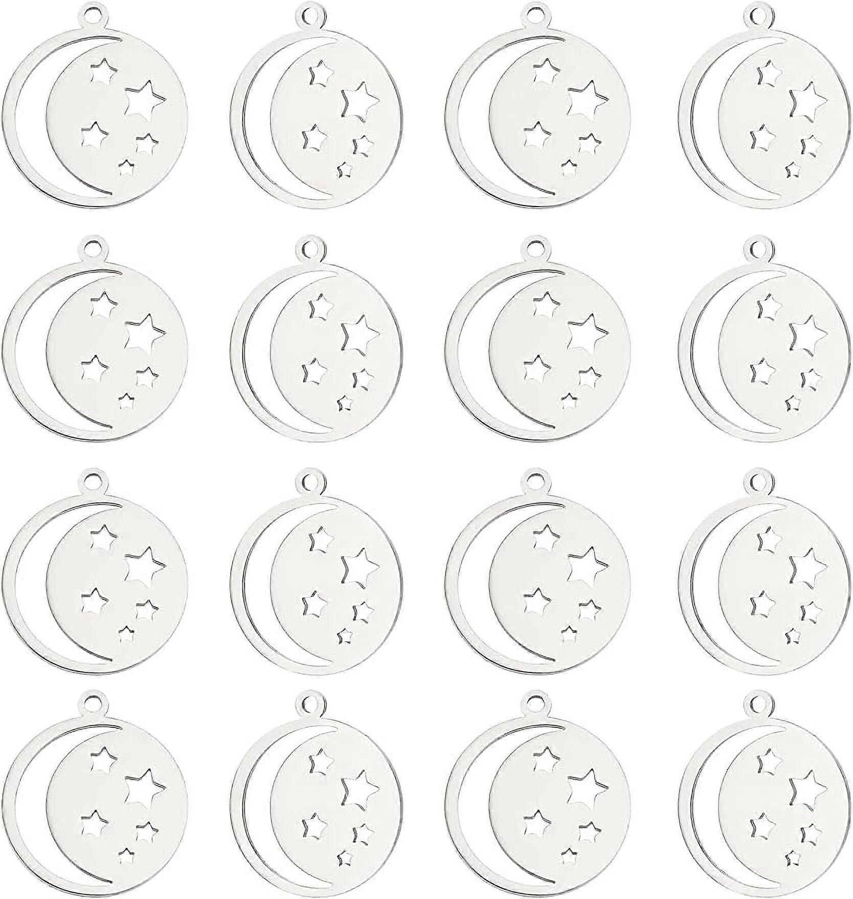 20pcs Star with Moon Charms 201 Stainless Steel Laser Cut Flat Round with Star and Moon Pendants 1.4mm Hole Dangle Charms