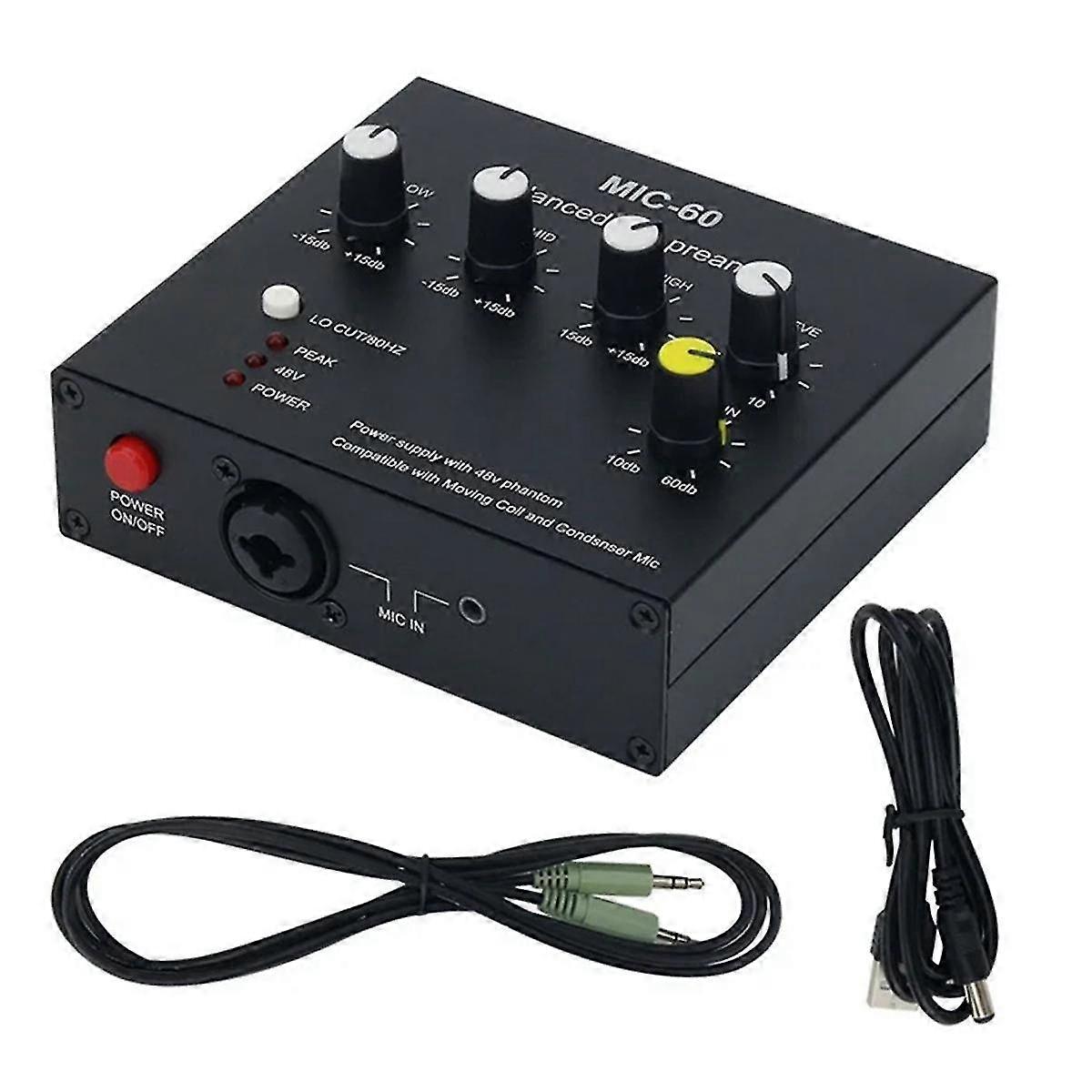 Mic-60 3-Band-Equalizer Symmetrischer Mikrofonvorverstärker Mikrofonvorverstärker mit DC-Kabel und 3,5-mm-Kabel