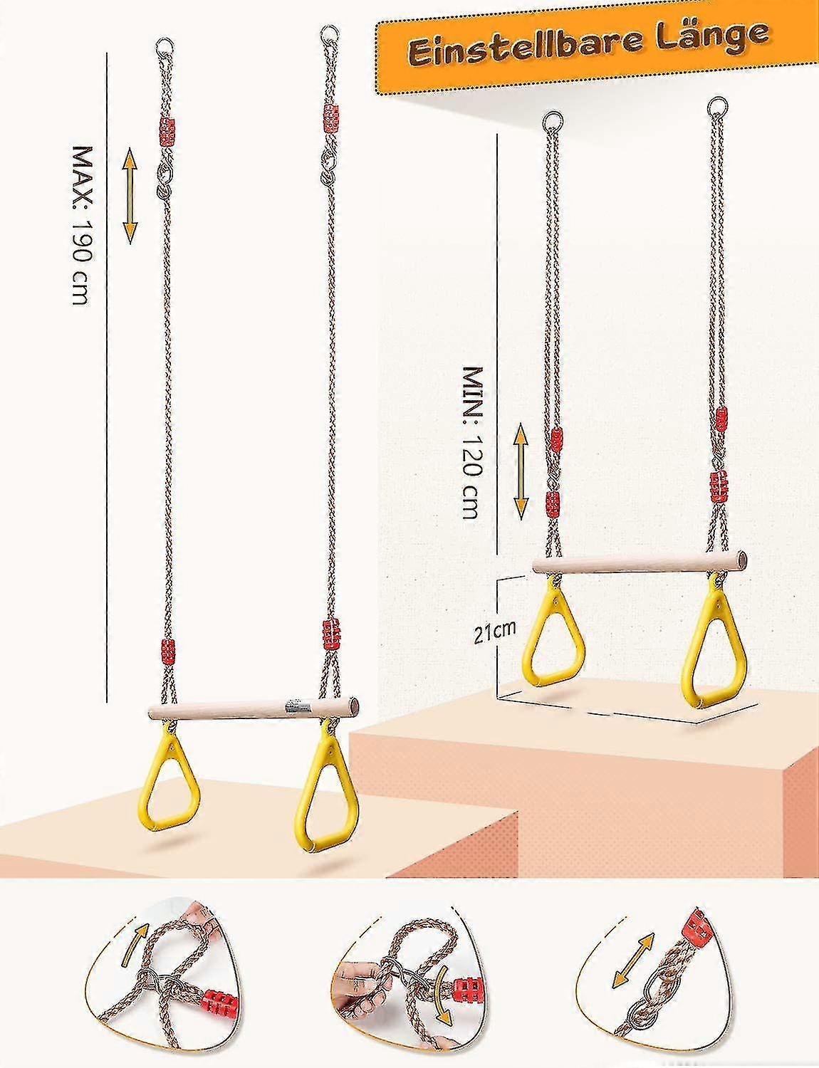 Trapezoidal Multi-function Swing Children's Wood With Plastic Gymnastic Rings For Hanging Up To A Load Of 120kg