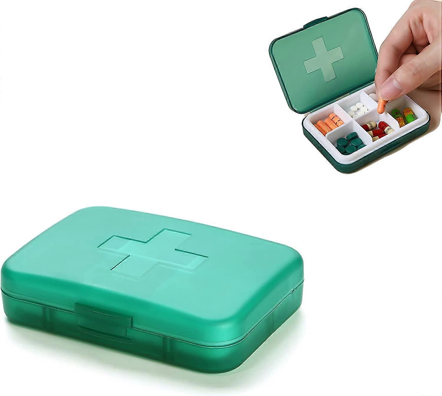 Portable weekly pill box with 6 compartments, can hold medicines, health products or small accessories, slides easily into a pocket or bag (Dark Green