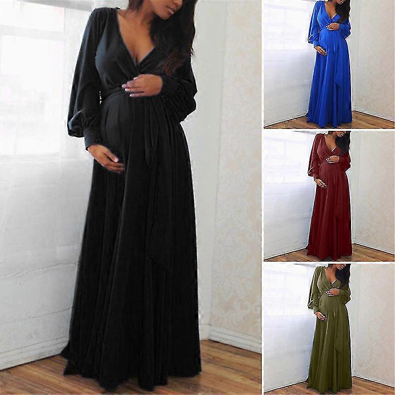 女性妊娠妊婦カジュアルマキシドレスVネックロングスリーブ超長い長い妊娠女性