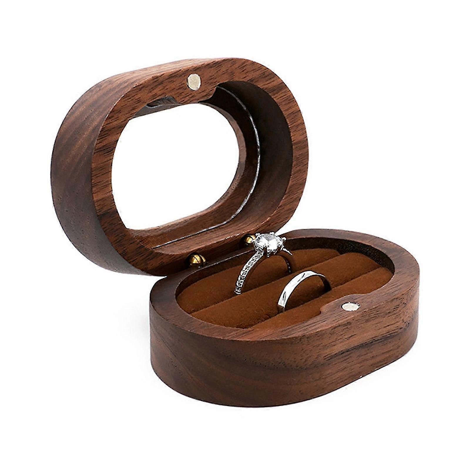 Oval Shaped Walnut Solid Wood Ring Box Velvet Soft Interior Holder Organizer