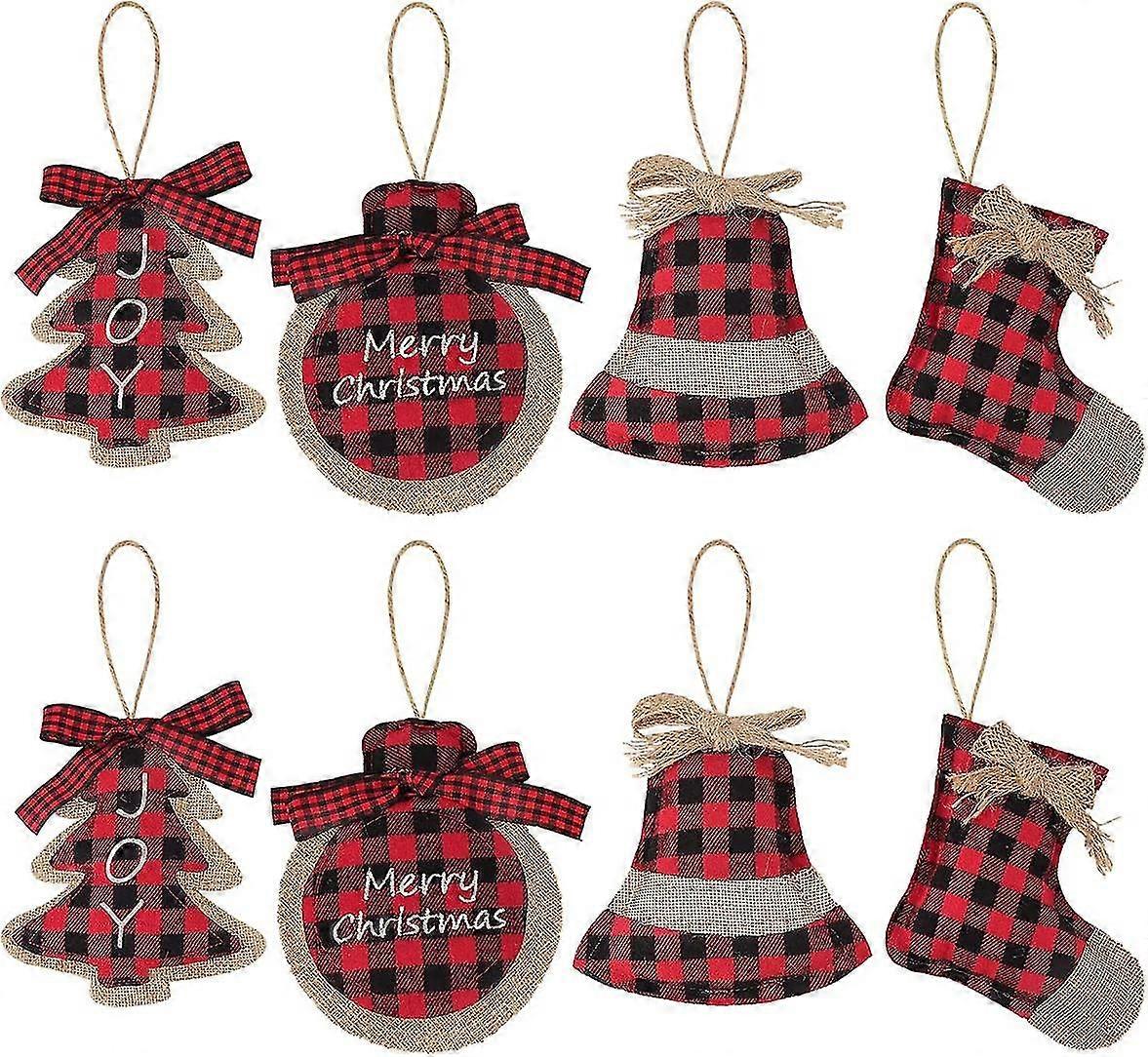 Christmas Decorations Tree Ornament, 8 Pcs Red Black Buffalo Check Plaid Stitching Burlap Hanging Ornaments, Tree Ball Bell Stocking Shaped Hanging De