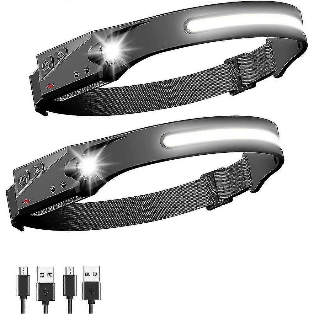 2 Pack Led Head Torch Rechargeable Usb Headlight Motion Sensor