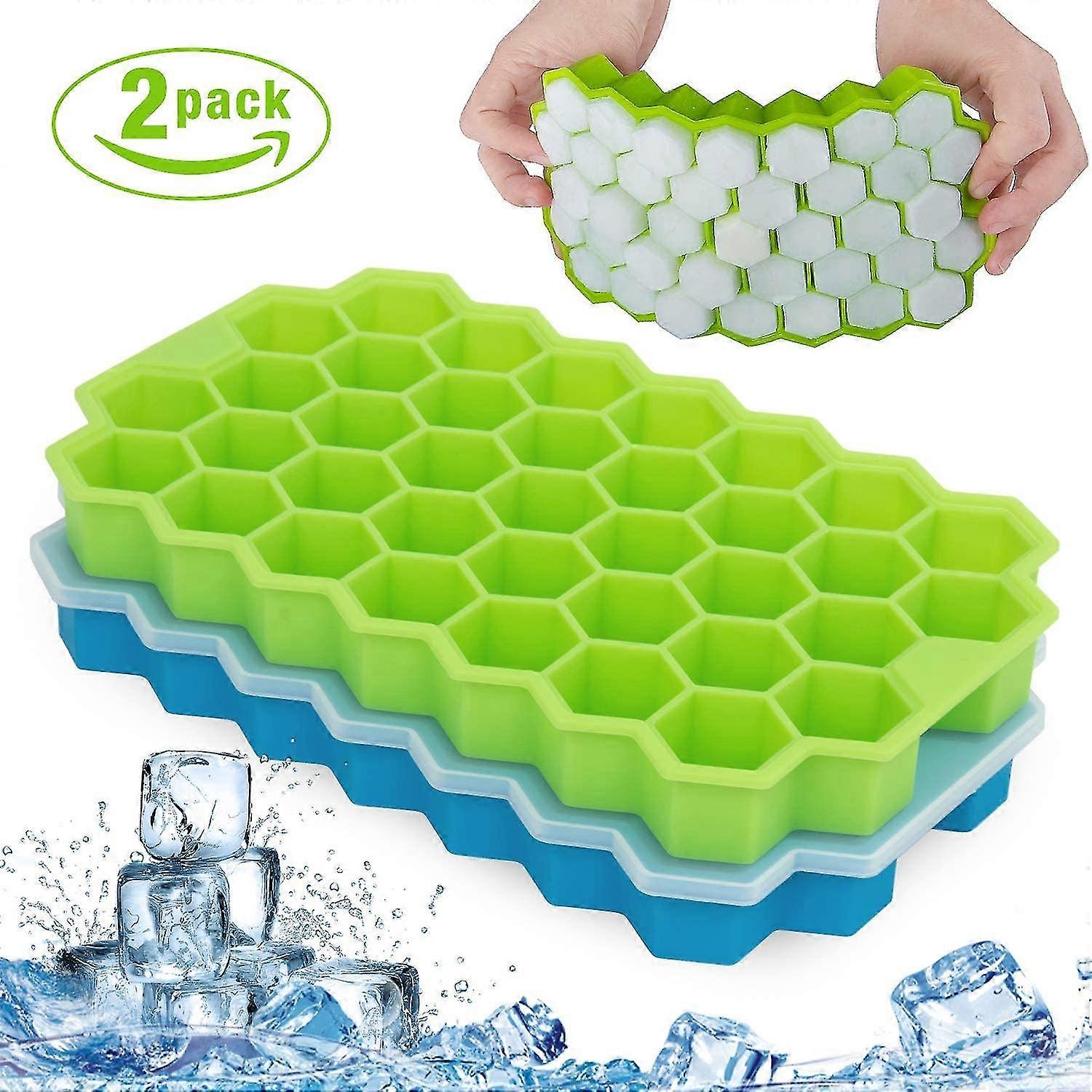 Ice Cube Trays, 2 Pack 74 Cubes Silicone Ice Trays With Removable Lid Stackable Lattice Honeycomb Silica Gel Ice Lattice Blue + Green With Cover 2 Set