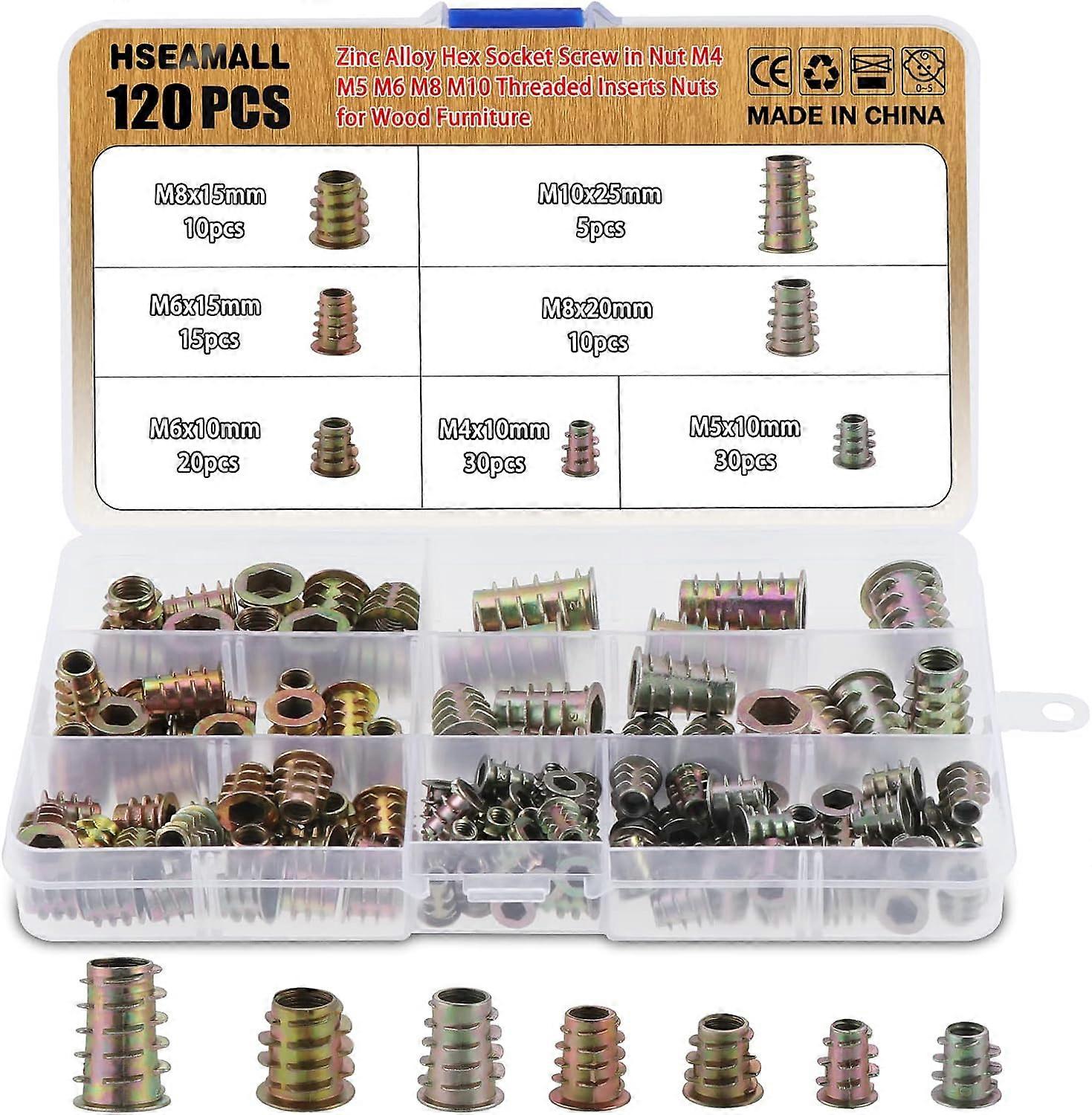 120pcs M4 M5 M6 M8 M10 Zinc Alloy Hex Nuts with Thread Inserts for Wood Furniture with Plastic Box