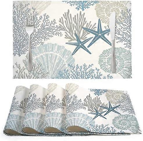 مجموعة المفارش البحرية من 4 ، 1218 بوصة الصيف الساحلي نجم البحر شاطئ المحيط صدف سميك من قماش الكتان طاولة حصيرة لطاولة حفلة المطبخ لتناول الطعام ديكورا